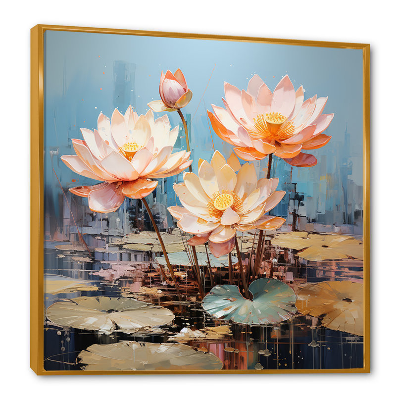 Lotus Pond Blooms Come Alive, Cadre flottant doré, H 30 po x l 30 po x P 1 po
