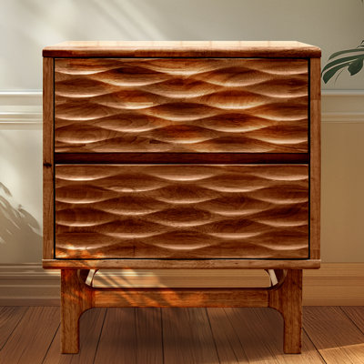 Gerrell Elara Solid Wood 2-Drawer Nightstand with Sculpted Front – Mid-Century Modern Bedside Table for Bedroom or Living Room by Millwood Pines