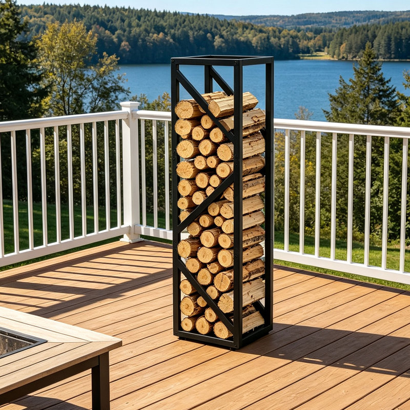 Râtelier à bûches moderne en métal de 119 cm de hauteur, support vertical en bois avec cadre renforcé