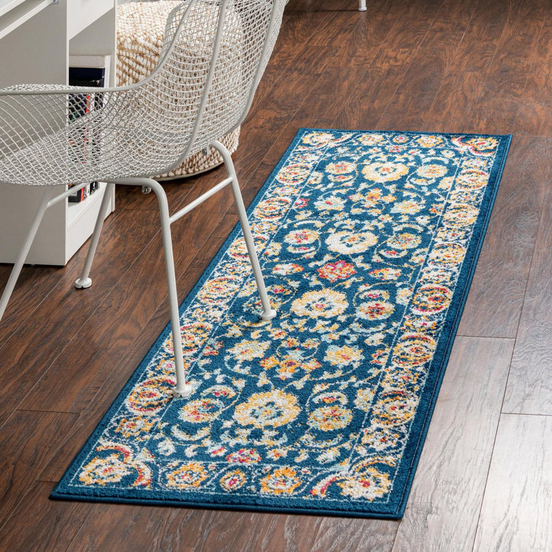 Tapis bleu / jaune / orange à motif floral Arenas, Tapis de couloir 2 pi 7 po x 12 pi