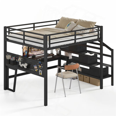 Grand lit mezzanine en métal avec escalier de rangement et bureau mobile avec port USB, structure de lit mezzanine en métal avec 3 tiroirs en tissu et DEL, garde-corps pleine longueur et panneau perforé pour les enfants et les adolescents