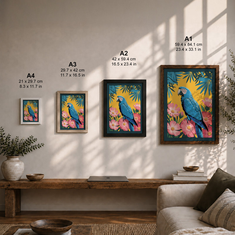 Macaw in Bloom Tropical - Framed Print, A1 - 84.1 x 59.4 cm, Unframed