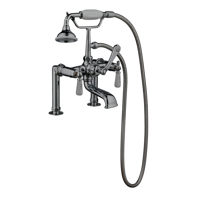 Garniture de robinet de baignoire sur pattes à trois poignées avec inverseur et douchette, Chrome poli