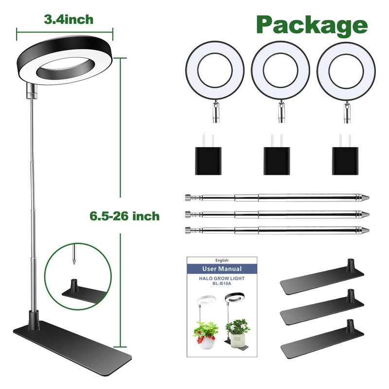 Adjustable Black and White LED Halo Plant Grow Light Set