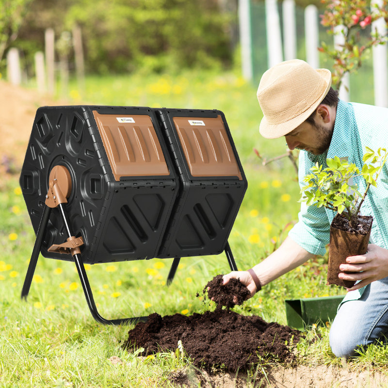 Gobelet à compost 34,5 gallons - double chambre, pieds en acier, ouvertures de ventilation, cour pivotante pour chambre radieuse