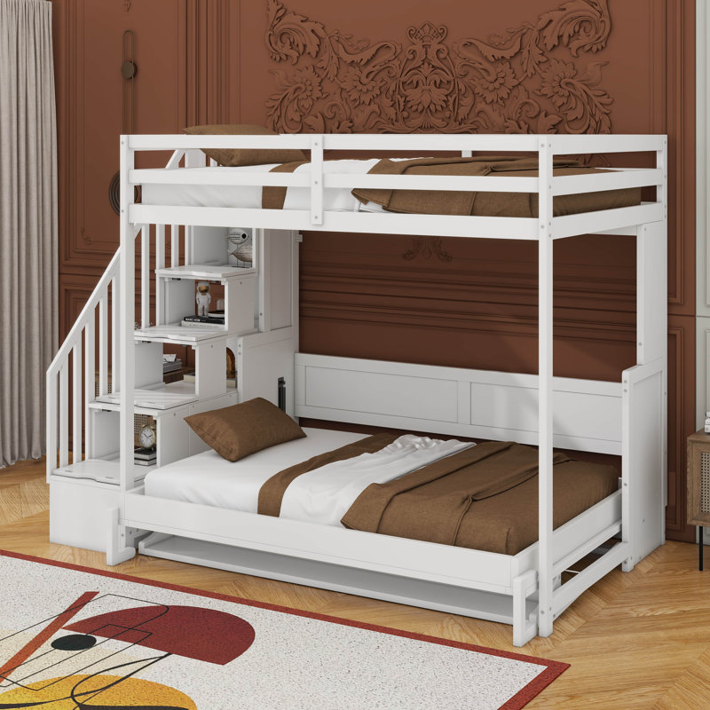 Full Over Full Size Murphy Bed With Hydraulic Lift & Desk Design, White