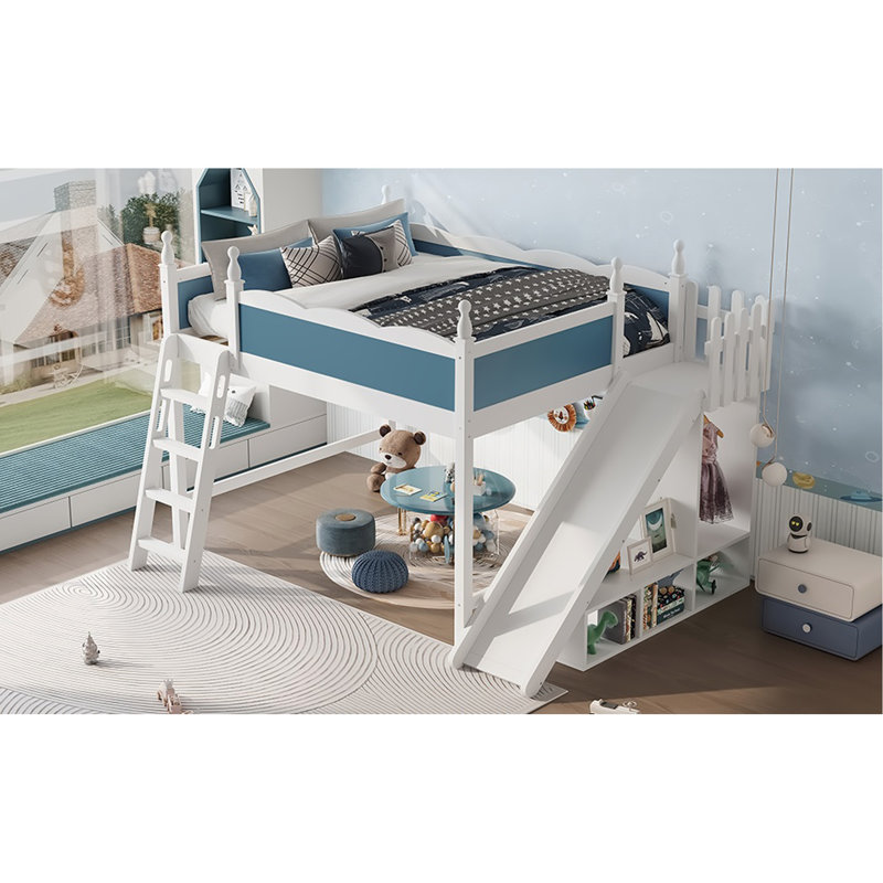 Grand lit mezzanine avec tablettes de rangement et garde-robe, lits mezzanine en bois massif avec glissières et échelles amovibles, aucune boîte à ressorts nécessaire, bleu et blanc (protection par brevet)