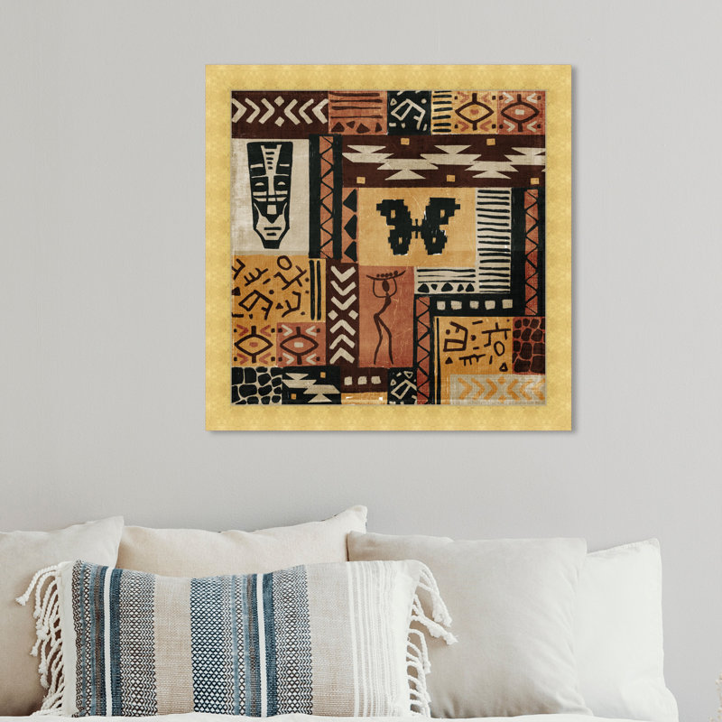 Tribal " Tribal Figures And Shapes " by Oliver Gal, 14" H x 14" W, Gold Framed