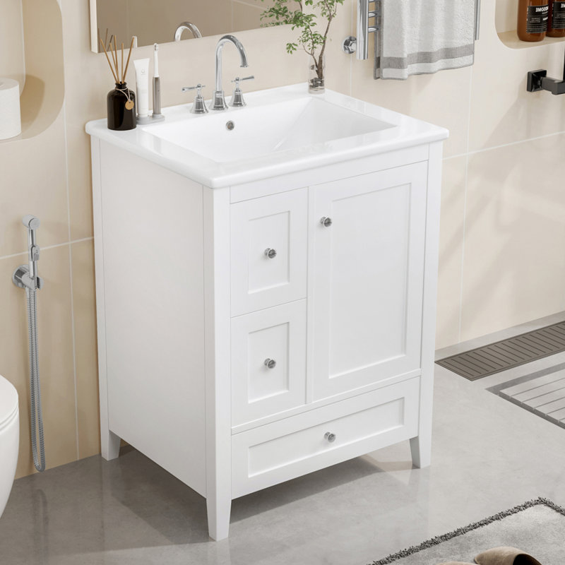 Meuble-lavabo avec lavabo / meuble-lavabo avec un tiroir rabattable et deux tiroirs / tablette réglable, Blanc