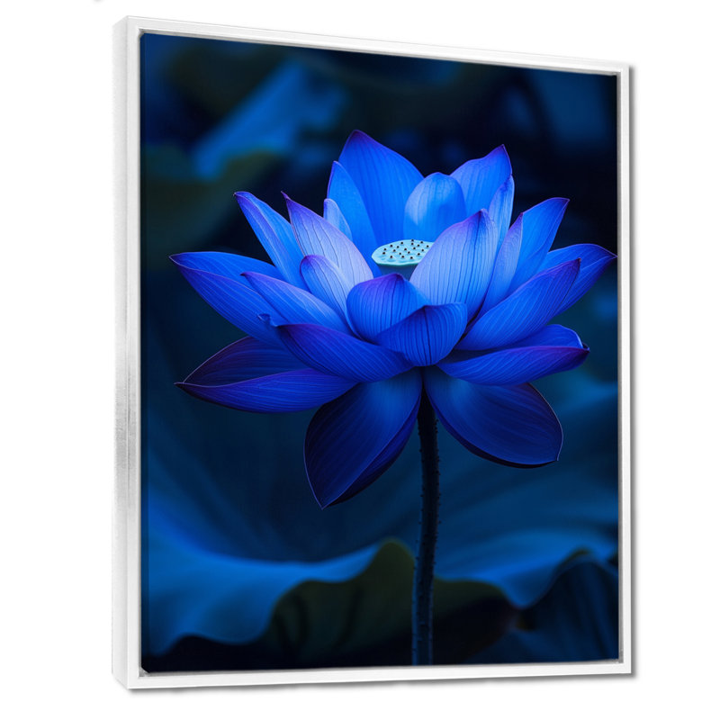 Indigo Lotus Night I - impression sur toile zen bleu, H 32 po x l 24 po, Cadre flottant blanc