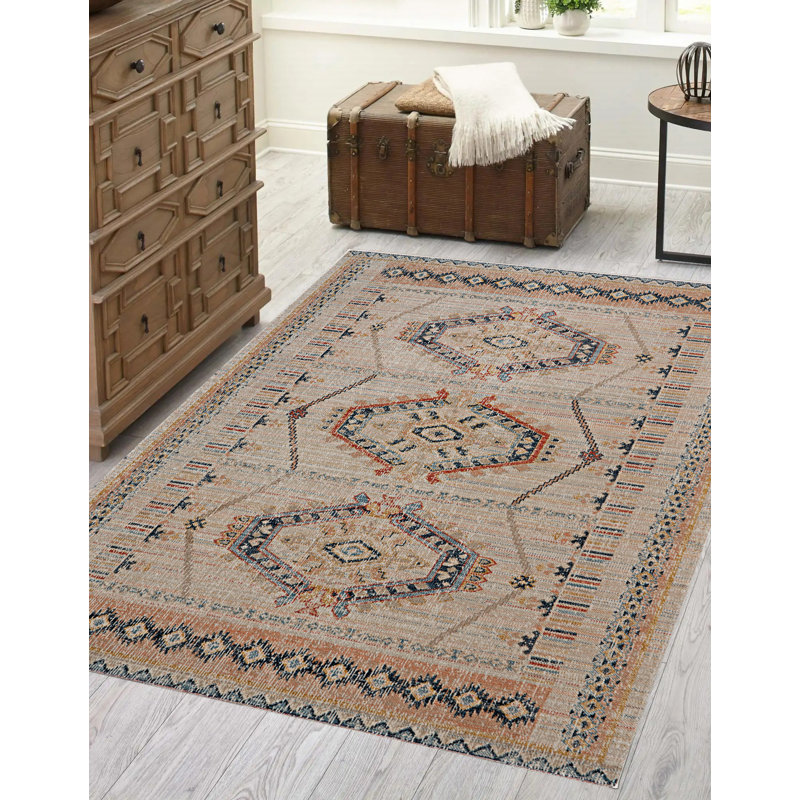 Rectangle Presli Oriental Machine Woven Polyester Area Rug in Ivory/Terracotta, Rectangle 3' x 5'
