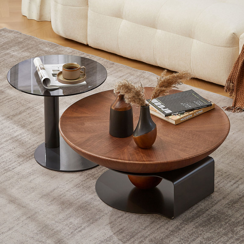 Assanti Mid-Century Modern Coffee Table Sets Round Walnut Wood Finish Nesting Coffee Table 2 Piece