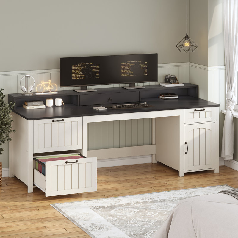 Farmhouse 63" Executive Desk, Wood Computer Desk With Drawers And Storage Cabinet, Home Office Desk With File Drawer And Monitor Stand, Wood Desk For Work Study Writing