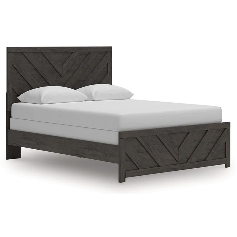 Grand lit Peny, motif à chevrons, tête de lit à panneau, noir anthracite, Queen