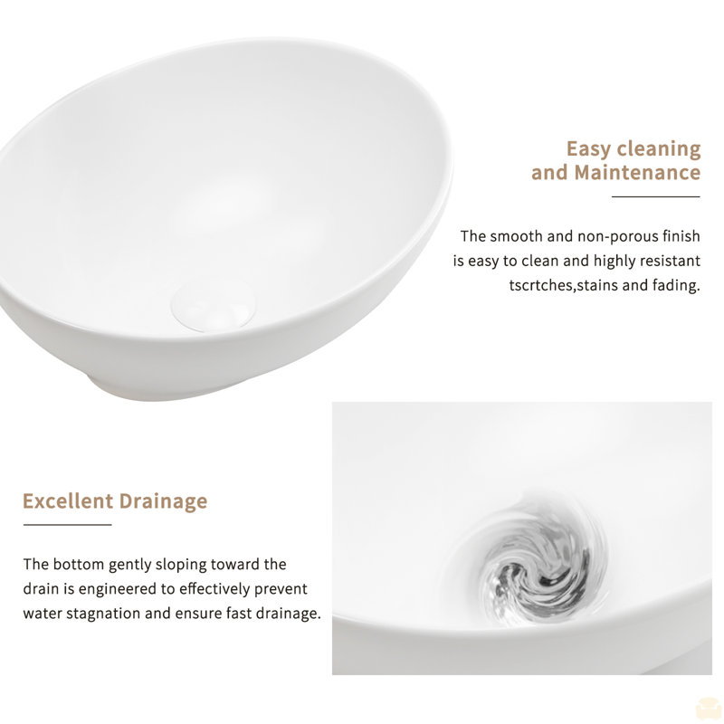 Évier de salle de bain de comptoir ovale en céramique blanc 16 po x 13 po x 5,5 po