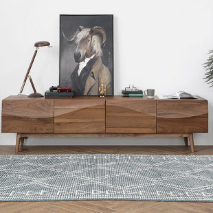Meuble télé Mid-Century, console de télévision en bois moderne avec rangement pour armoires, portes ondulées, pieds en bois