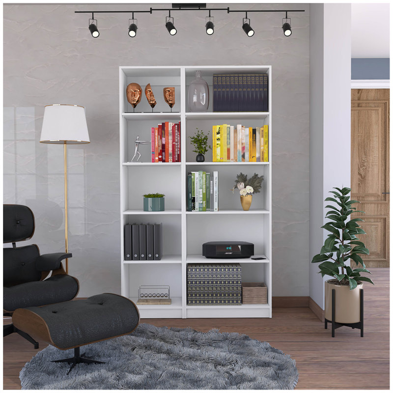 Ensemble de bibliothèque 2 pièces Kenyon, 42 po de largeur avec 10 tablettes, ensemble de salon blanc, Blanc