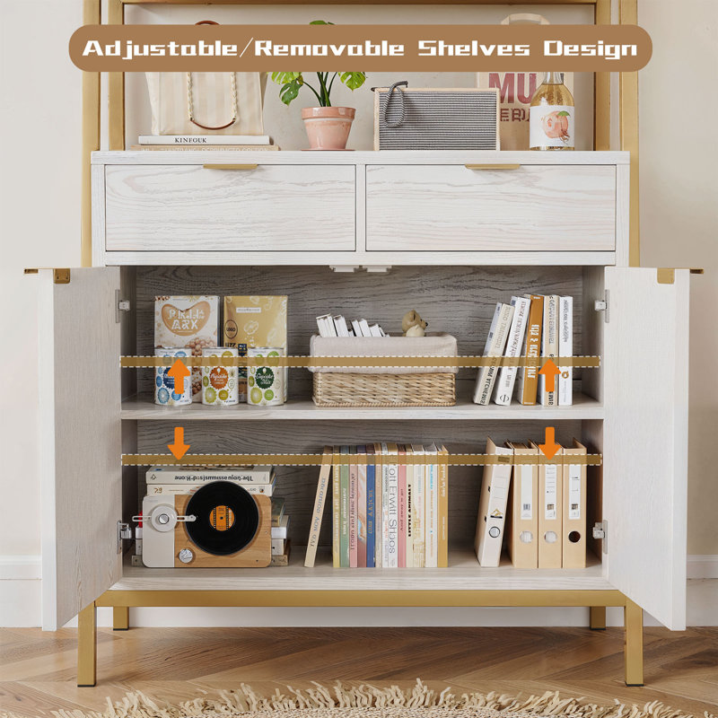 Elegant White and Gold 69" Tall Bookcase with Doors and Drawers