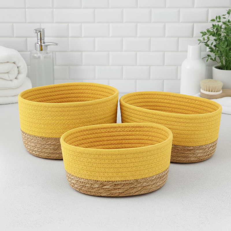 Padang 3-Piece Cotton Basket Bin, Yellow/Natural