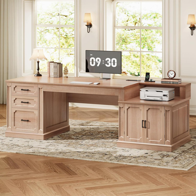 Elja Farmhouse 70.9" Executive Desk, Home Office Desk with File Drawers, Natural Oak