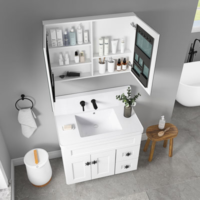 Bathroom Mirror Medicine Storage Cabinet, 36''X26'', Wall Mounted, Wooden Door, Elegant Style, White 36.54 Lb Unit, 36'' W X 26'' H, Multiple Height Shelves For Organization