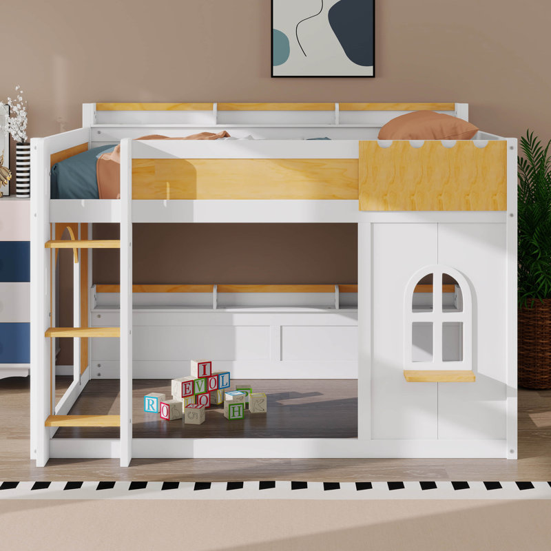 Lit superposé double au-dessus de double avec tablettes de rangement, fenêtre de jeu et portes en bois massif robuste et lit en bois aggloméré