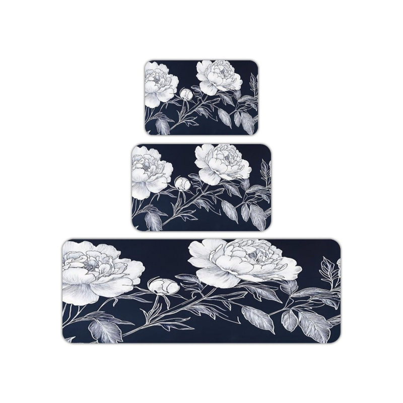 Ensemble de 3 tapis de cuisine bleu marine et pivoines pour cuisine et chambre à coucher modernes