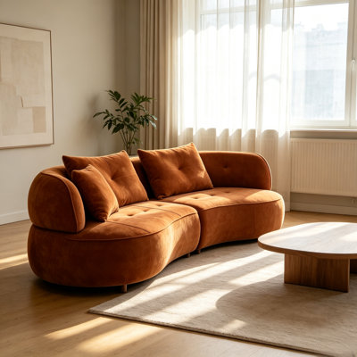 Canapé d'angle modulaire 4 places WKS7C orange, revêtement en tissu, coussins amovibles, structure en bois massif et rembourrage en mousse haute densité.