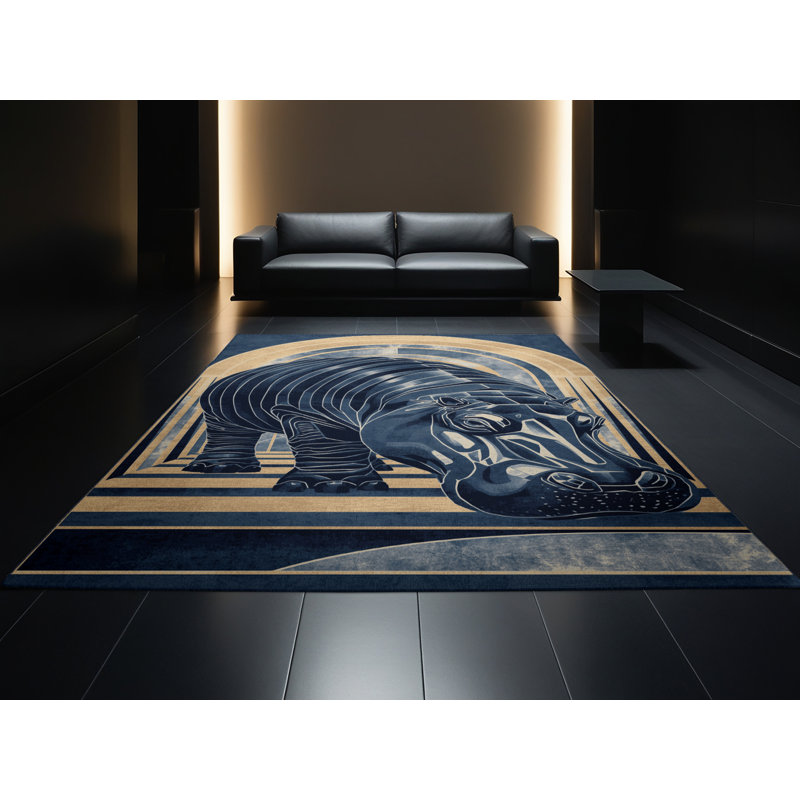 Tapis art déco lavable à la machine Pavli Hippopotamus, 3 X 5