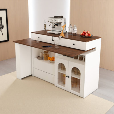Kitchen Island With Extendable & Rotating Table, 4 Drawers & Glass Door Cabinets With Built-In Socket