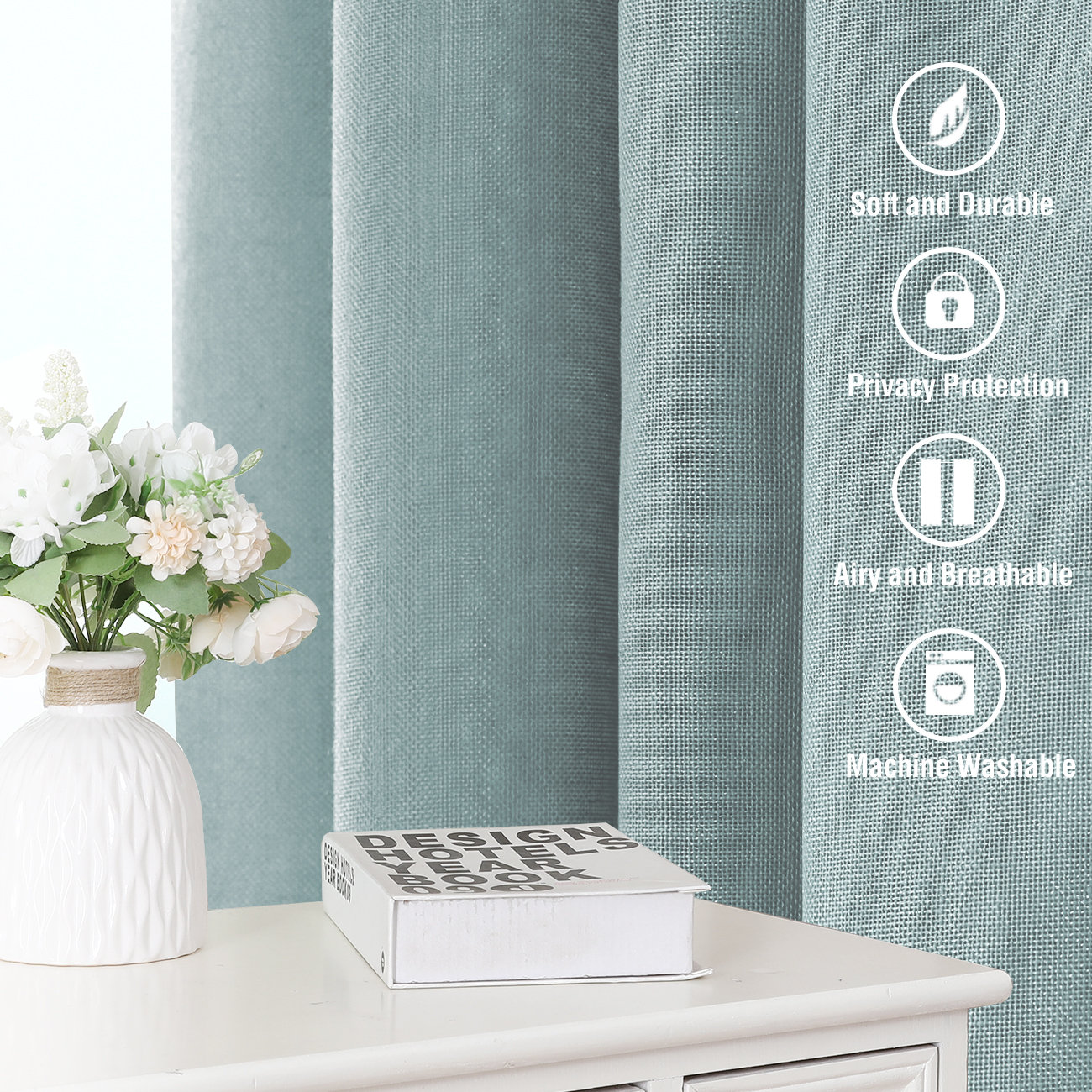 Linen Semi-Sheer Curtain Panel Set, 52" W x 84" L, Cloud Blue