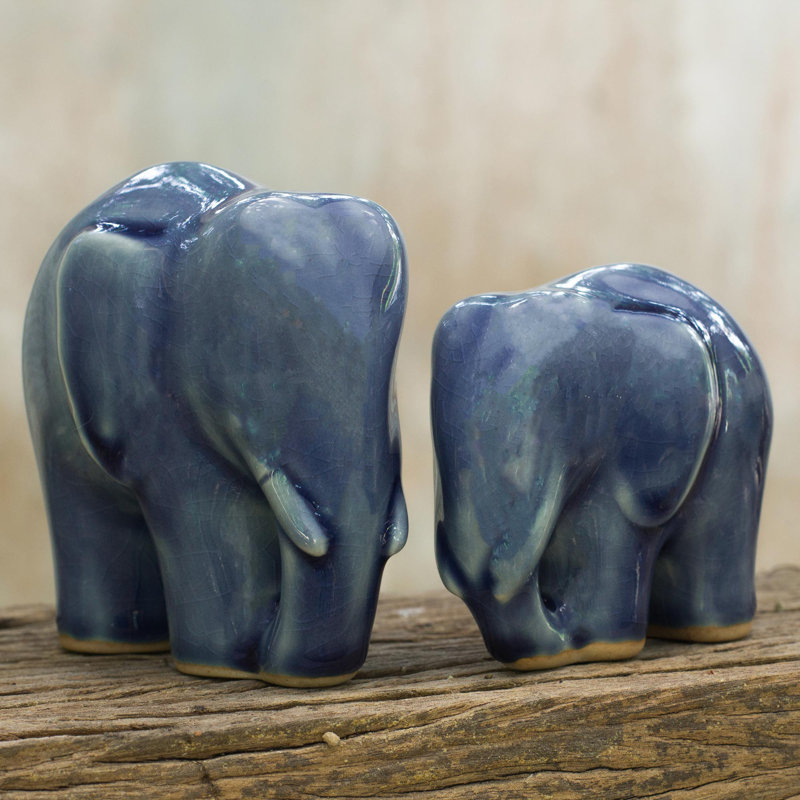 Ensemble de figurine en céramique éléphant celadon 2 pièces Kinross