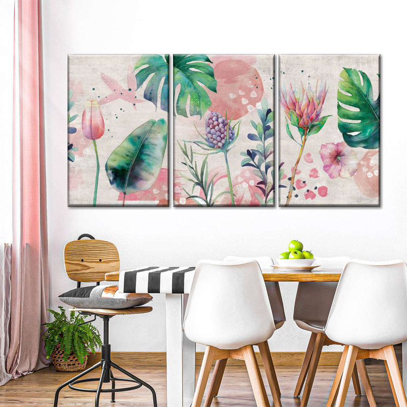 Ensemble de 3 pièces florales et botaniques avec jolies fleurs tropicales sur toile, H 39 po x l 80 po x P 1,25 po