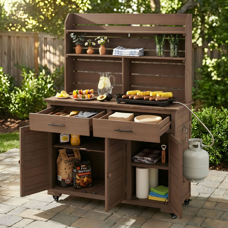 Grand banc de rempotage de jardin de 65 po de hauteur avec roues verrouillables et armoire de rangement, chariot de préparation pour îlot de cuisine d'extérieur en bois avec huche, tiroirs et tablettes de retrait pour griller