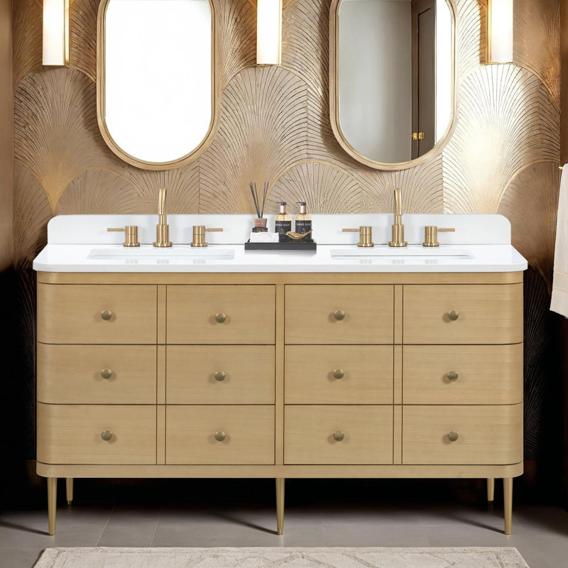 Meuble-lavabo à double cuve 60 po Serena en chêne blanc avec plateau Serena, Quartz blanc, 61"