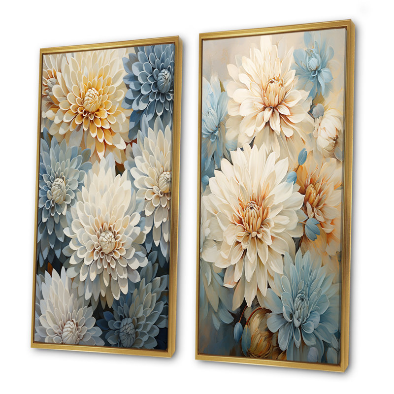 «Mums Blue and White Elegance», ensemble de 2 impressions sur toile de mamans, H 32 po x l 33 po, Encadrement doré