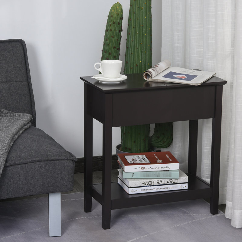 Table d'appoint à plateau rabattable dans le café foncé, armoire de rangement et tablette inférieure, rétro élégante pour salle d'étude de véranda