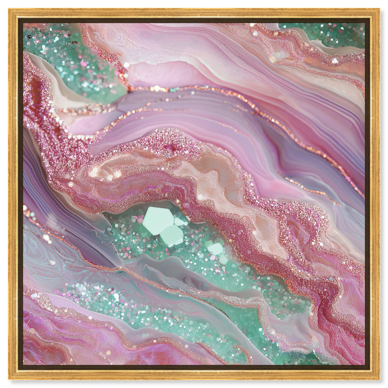 «Pink and Mint Crystal II», toile abstraite colorée par , H 31 po x l 31 po, Cadre flottant doré