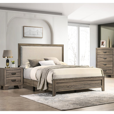Lit double moderne avec tête de lit tapissier grise et structure en tissu robuste