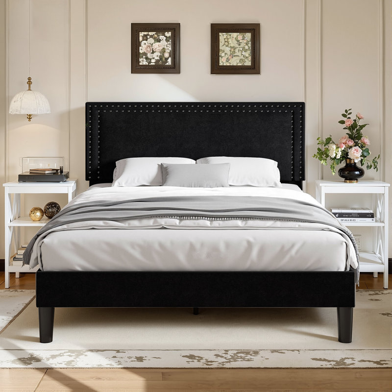 Lit double tapissier double avec 2 tables de chevet - Ensemble de chambre à coucher moderne, Noir / blanc, Full