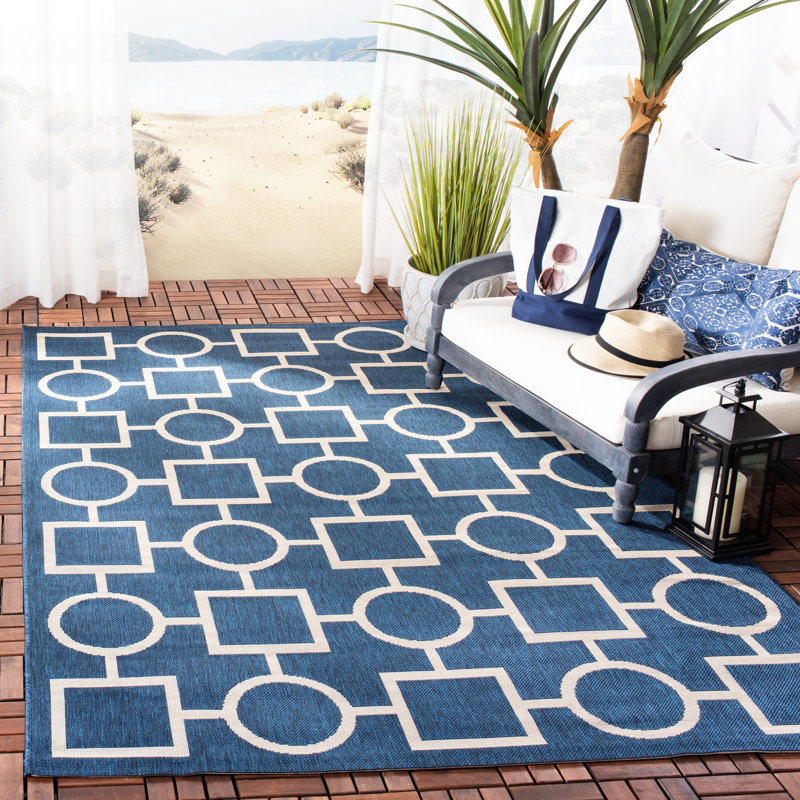Arneshia Cotton Blue/Beige Area Rug, Rectangle 6'7" x 9'6"