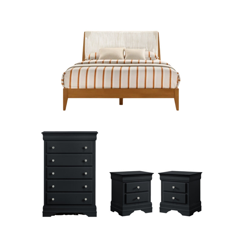 Ensemble de chambre en bois massif 4 pièces Barvelle, Noyer noir/ambre