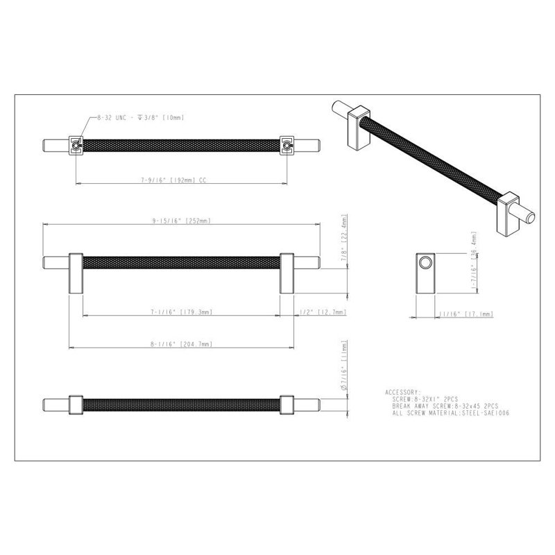 Larkin 3 Knurled Center Bar Pull, Satin Bronze, 12"