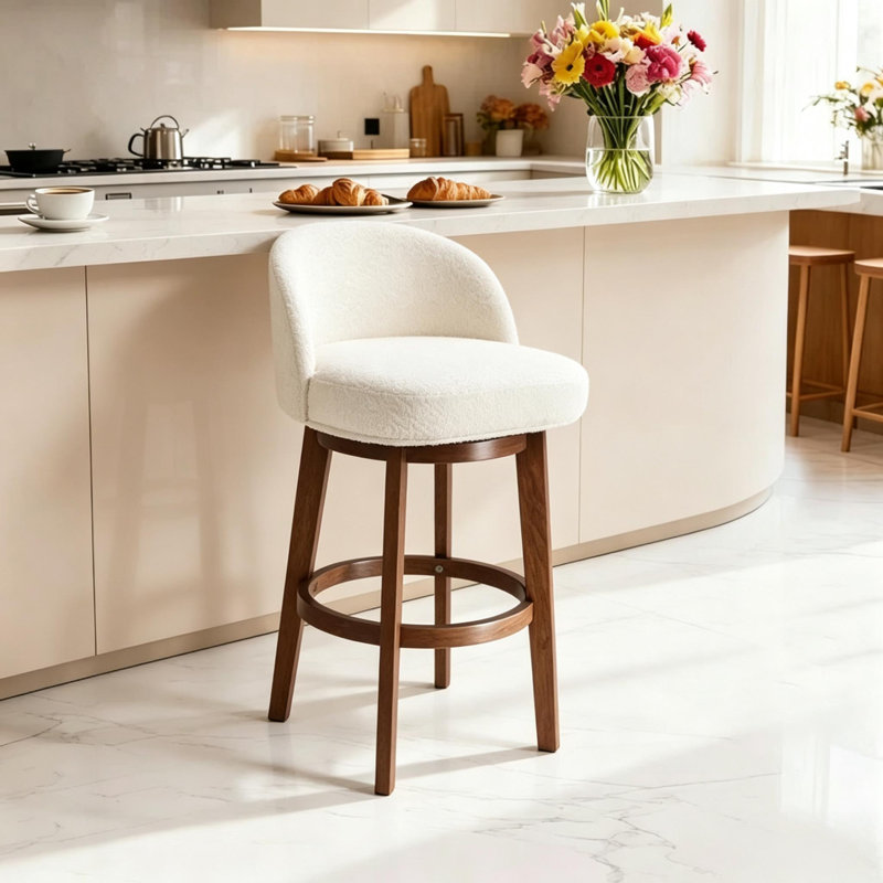 Tabourets de bar pivotants modernes de 66 cm (26 po) avec pieds et dossier en bois, chaises de bar rembourrées en tissu bouclé avec repose-pieds ronds pour îlot de cuisine, beige