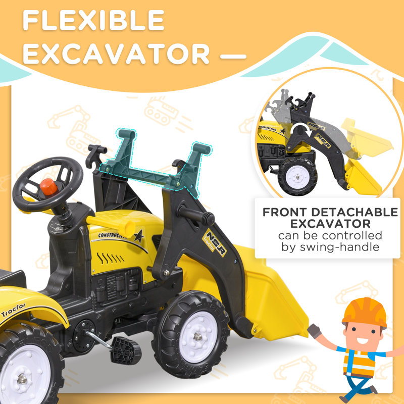 Yellow Pedal-Controlled Kids Ride-On Excavator with Trailer
