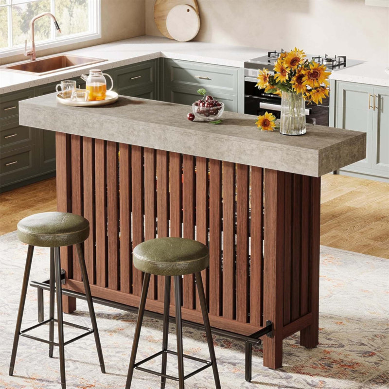 62.99 Inch Red & Cement Large Home Bar Unit with 2-Tier Storage, Modern Mini Bar Height Pub Table for Entertaining(Table Only)