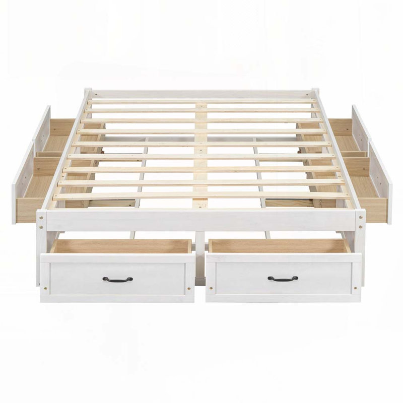 Lit plateforme en bois avec 6 tiroirs de rangement, Lit double, Blanc antique
