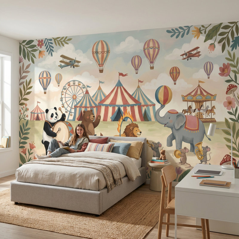 Murale de cirque avec papier peint fantaisiste, 140 po x 108 po, Peler et coller
