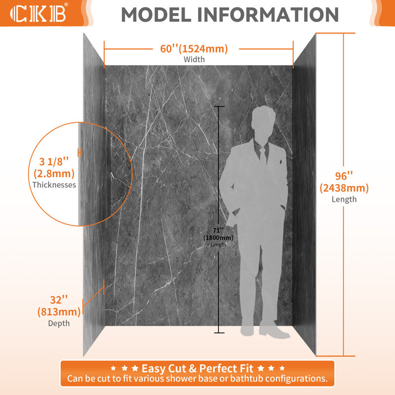 3-Piece Glue Up Shower Wall Panel Surround Kit, Quick Install, Trimmable & Waterproof, 96" H x 60" W x 32" D, Marble Gray