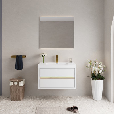 Meuble-lavabo mural 36 po avec lavabo, meuble de rangement flottant pour salle de bain avec comptoir en résine de pierre et tiroirs à fermeture en douceur entièrement assemblé